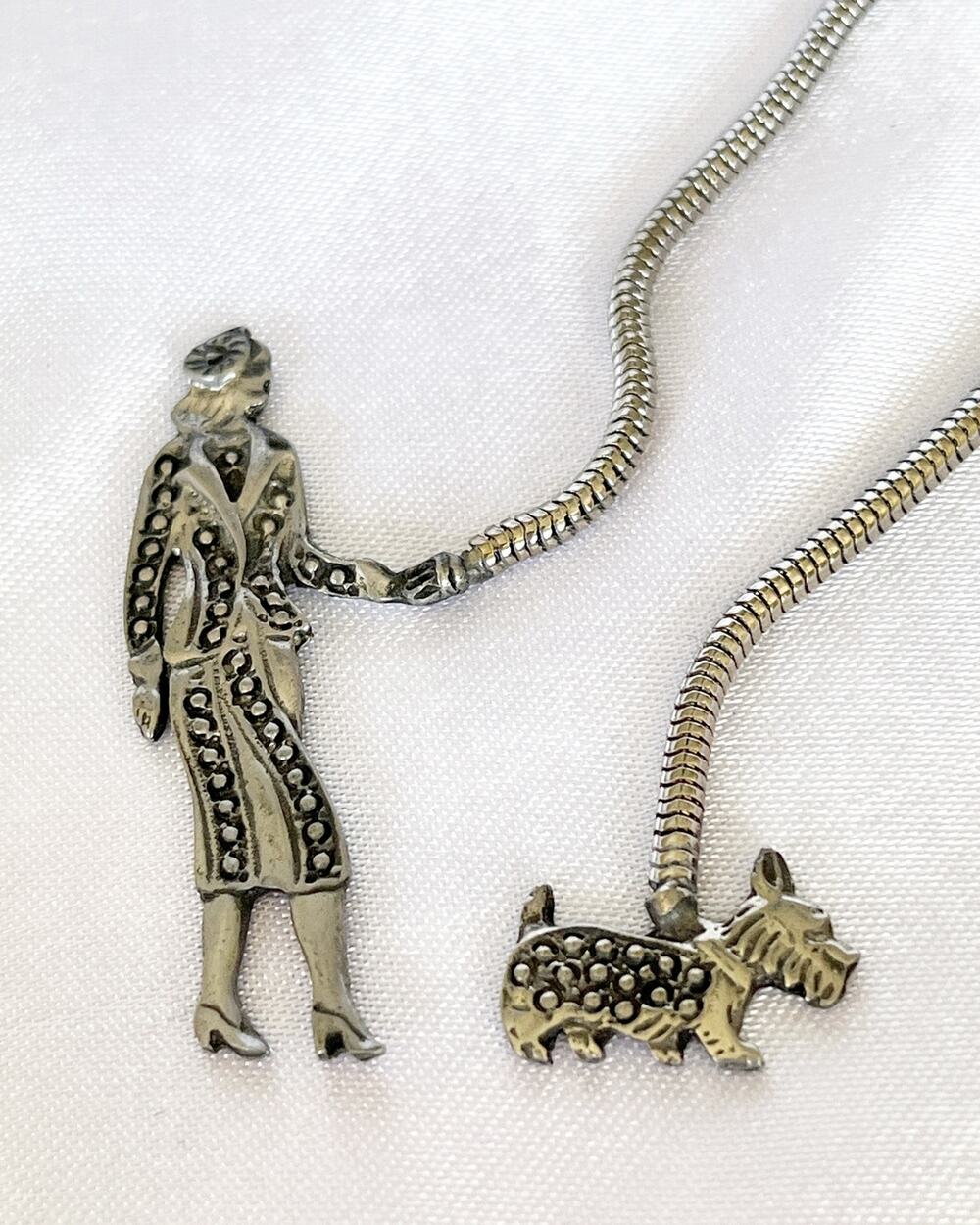 Bookmark Vintage Art Deco Silver Marcasite Page Clip Woman Walking Dog